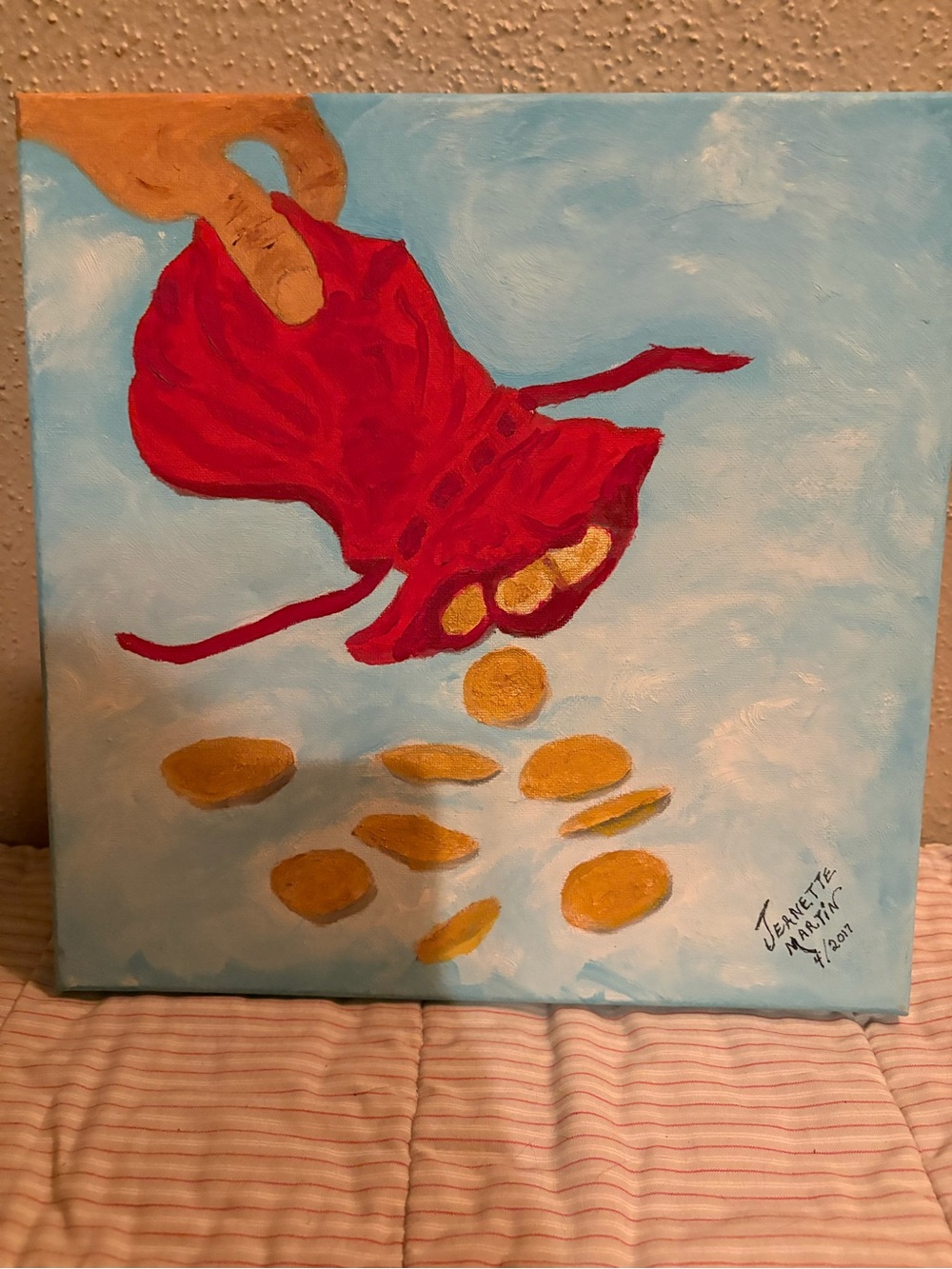 One of a Kind Oil Red Canvas Wall Art - 'Coins from a Red Pouch' -Fortune